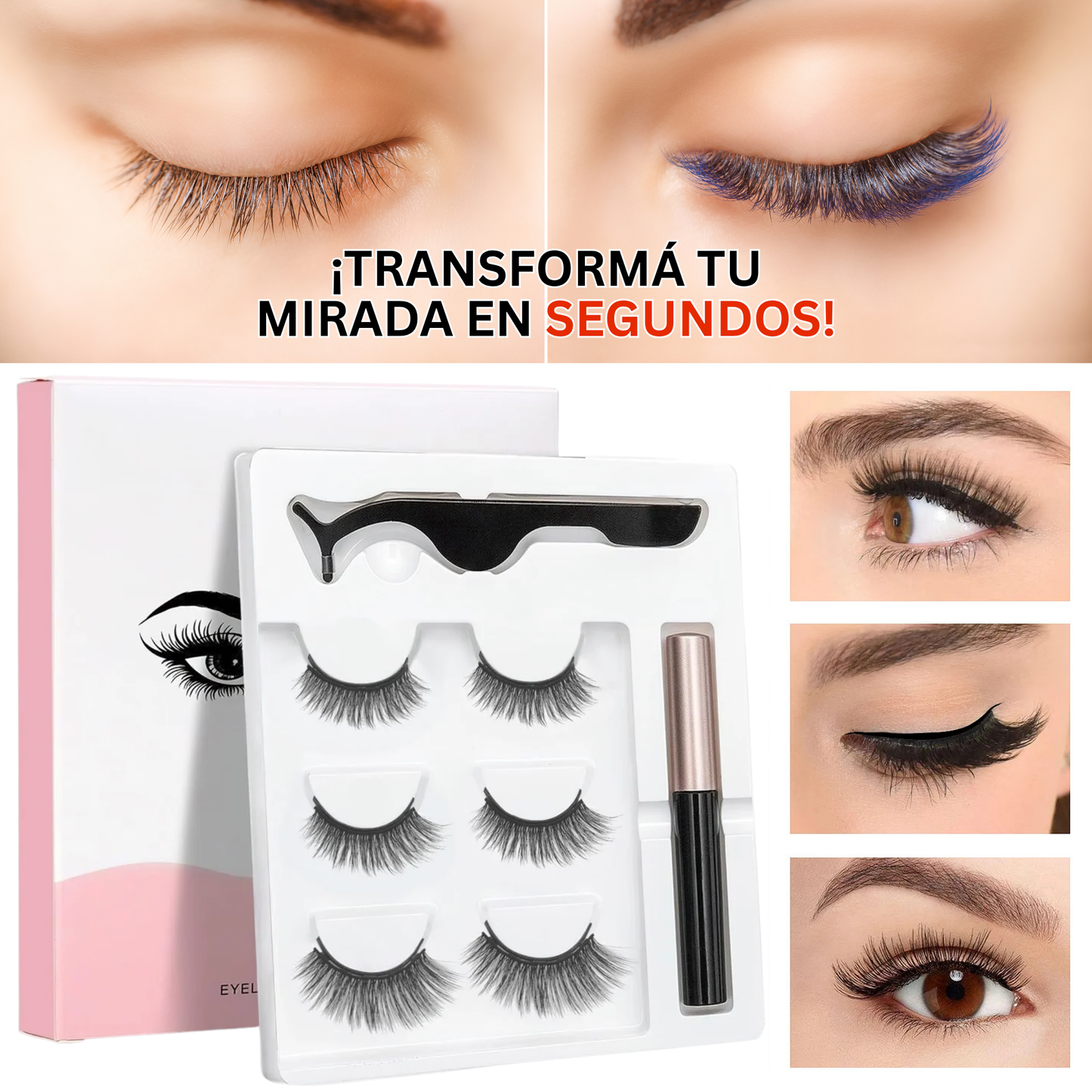 Kit de Pestañas Magnéticas Reutilizables con Delineador y Aplicador