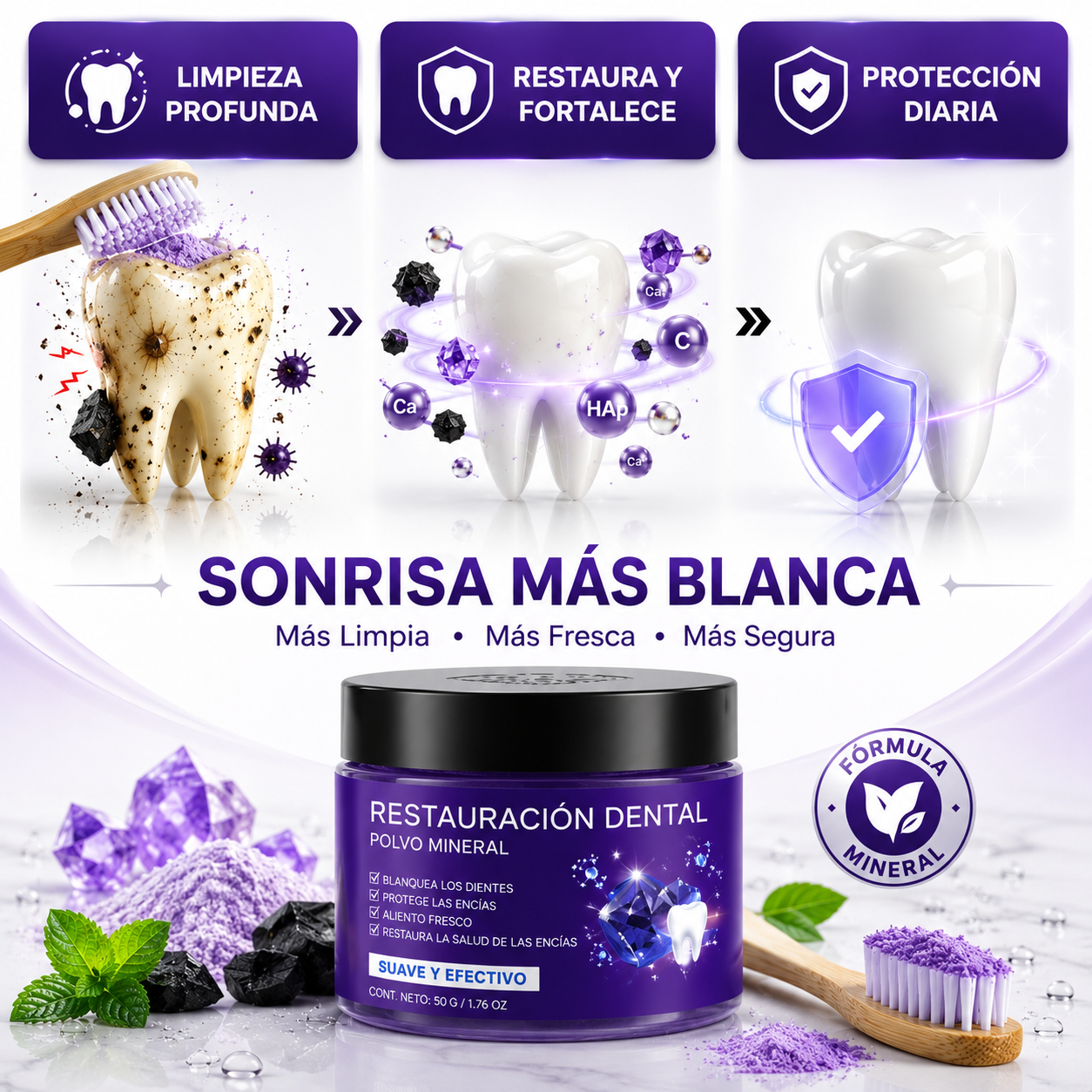 Polvo Mineral para Restauración Dental - Sonrisa más blanca y aliento fresco.