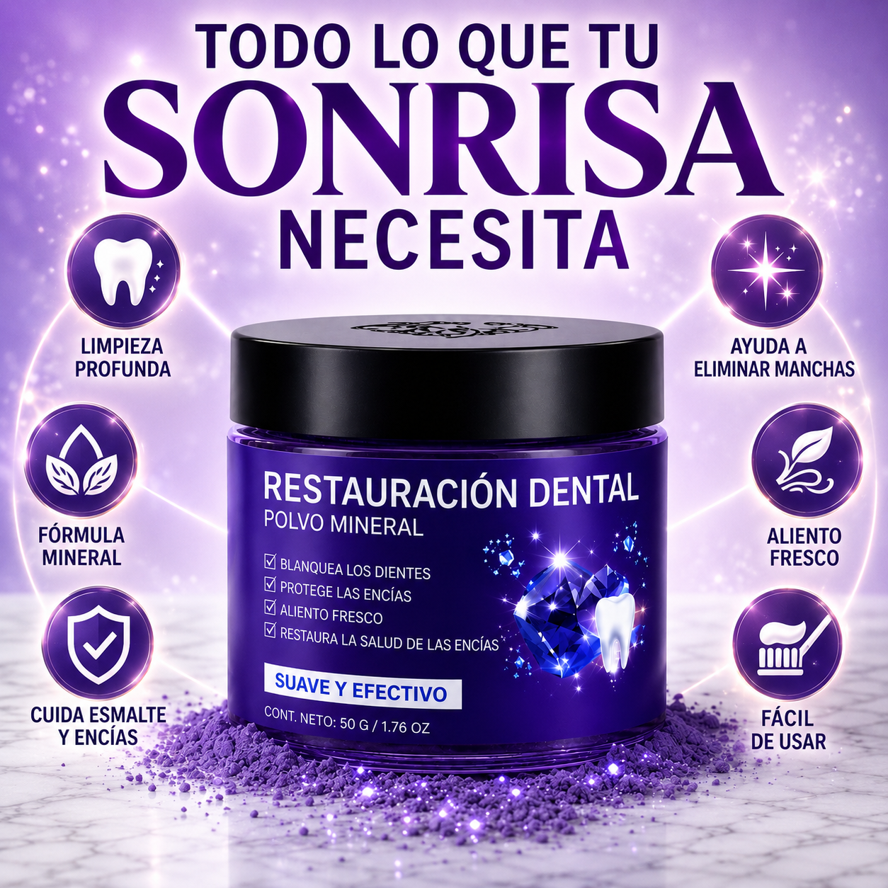 Polvo Mineral para Restauración Dental - Volvé a lucir una sonrisa más brillante con orgullo.