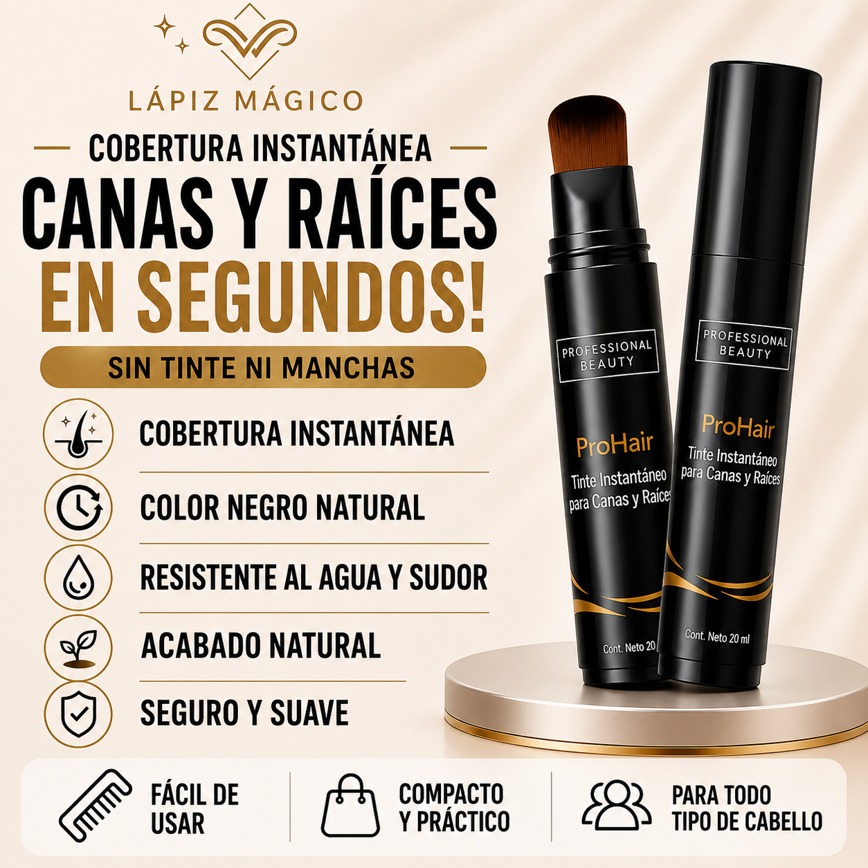 Lápiz Mágico: Cobertura Negra Instantánea en Segundos, Sin Tinte ni Manchas