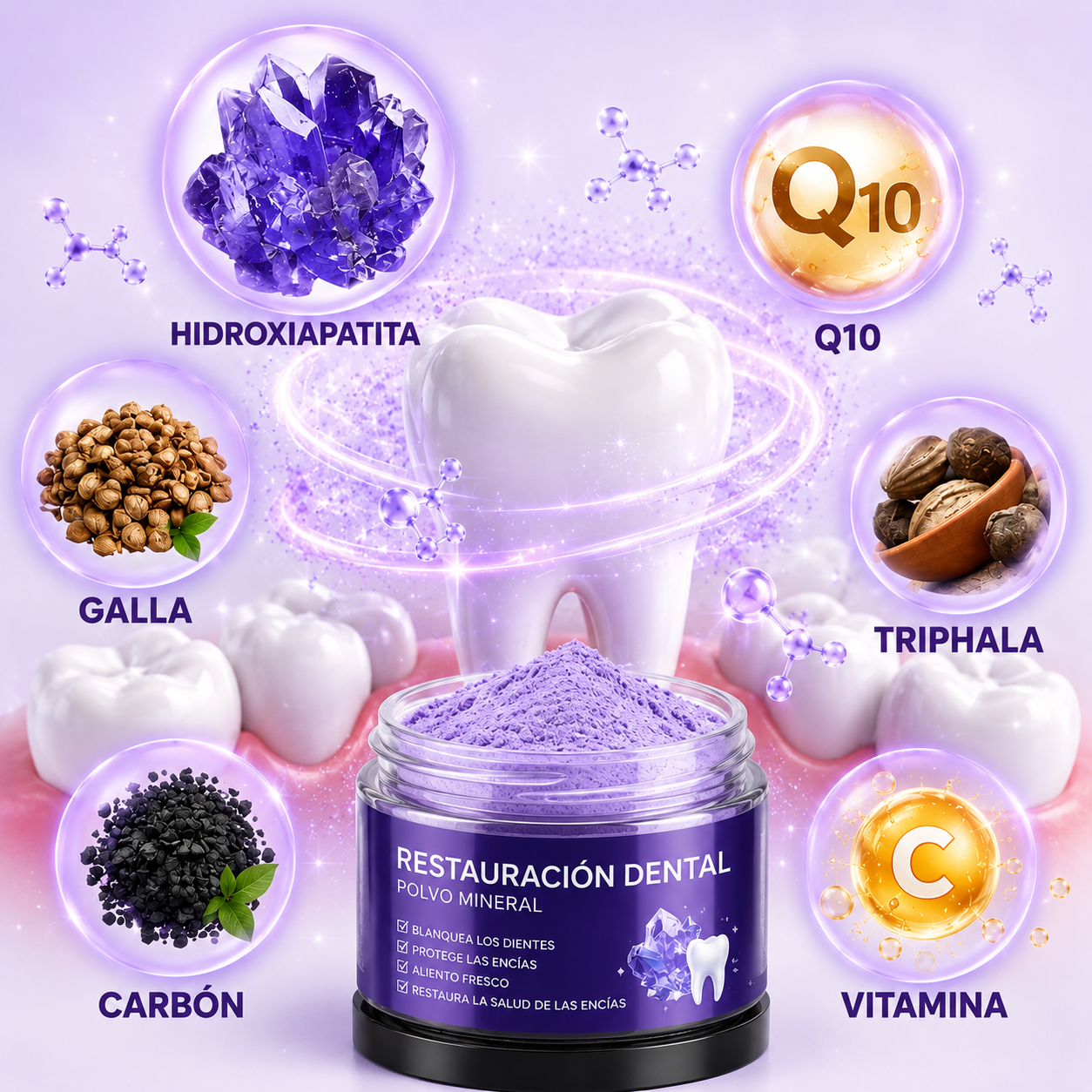 Polvo Mineral para Restauración Dental - Sonrisa más blanca y aliento fresco.