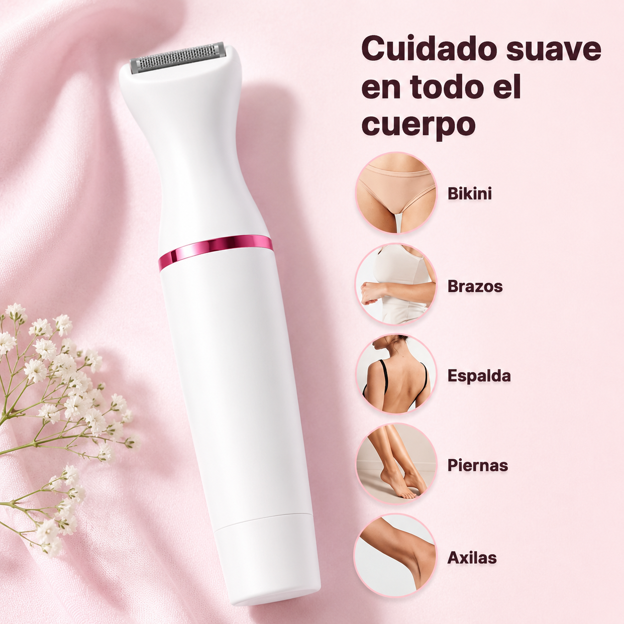 Depiladora eléctrica con cabezales intercambiables para rostro y cuerpo