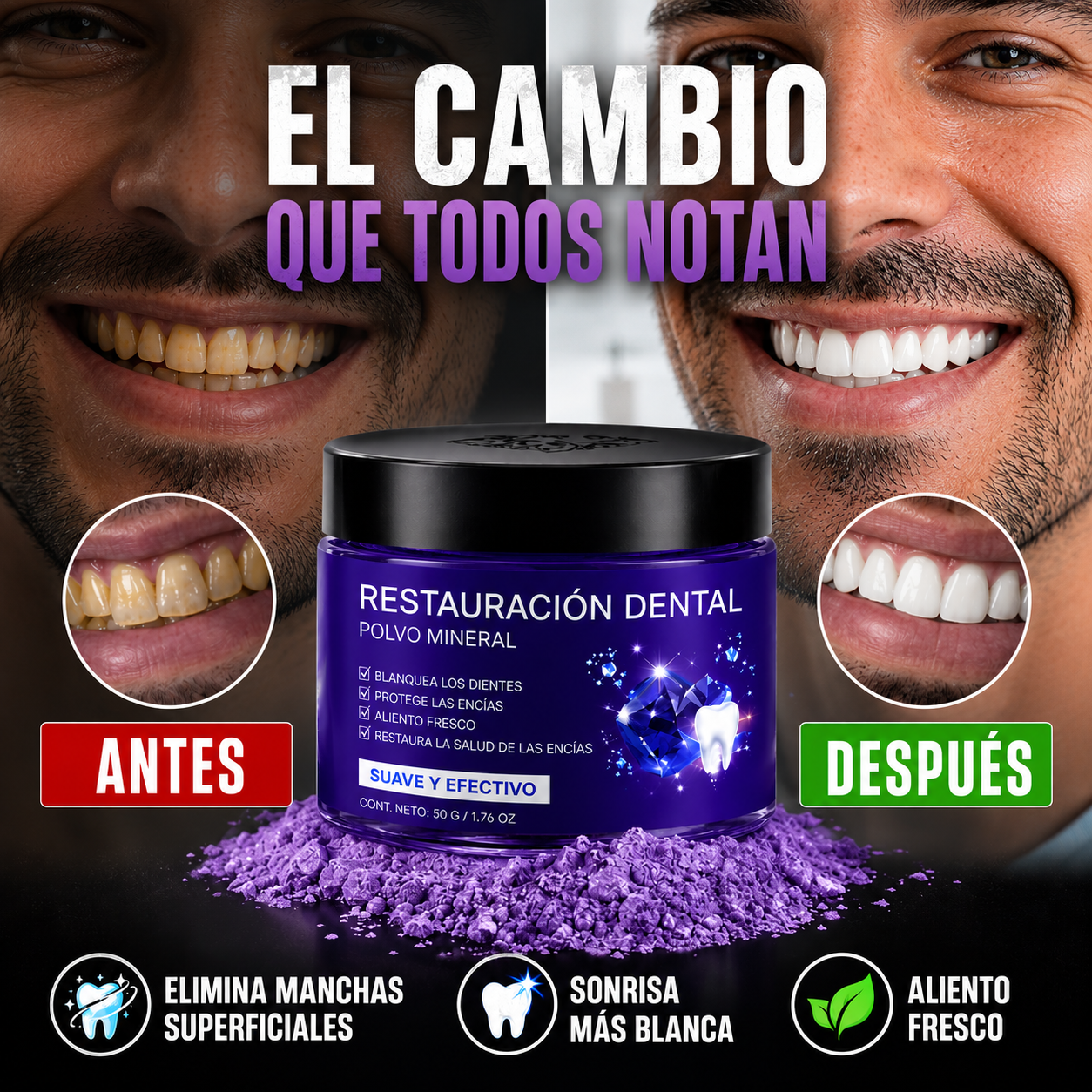 Polvo Mineral para Restauración Dental - Volvé a lucir una sonrisa más brillante con orgullo.