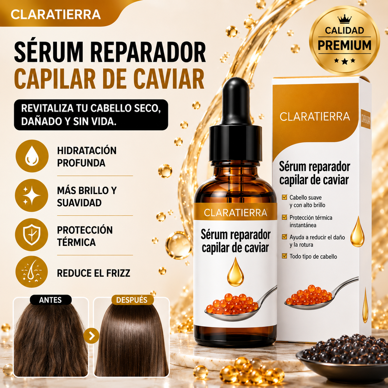 Sérum reparador capilar de caviar - revitaliza tu cabello seco, dañado y sin vida.