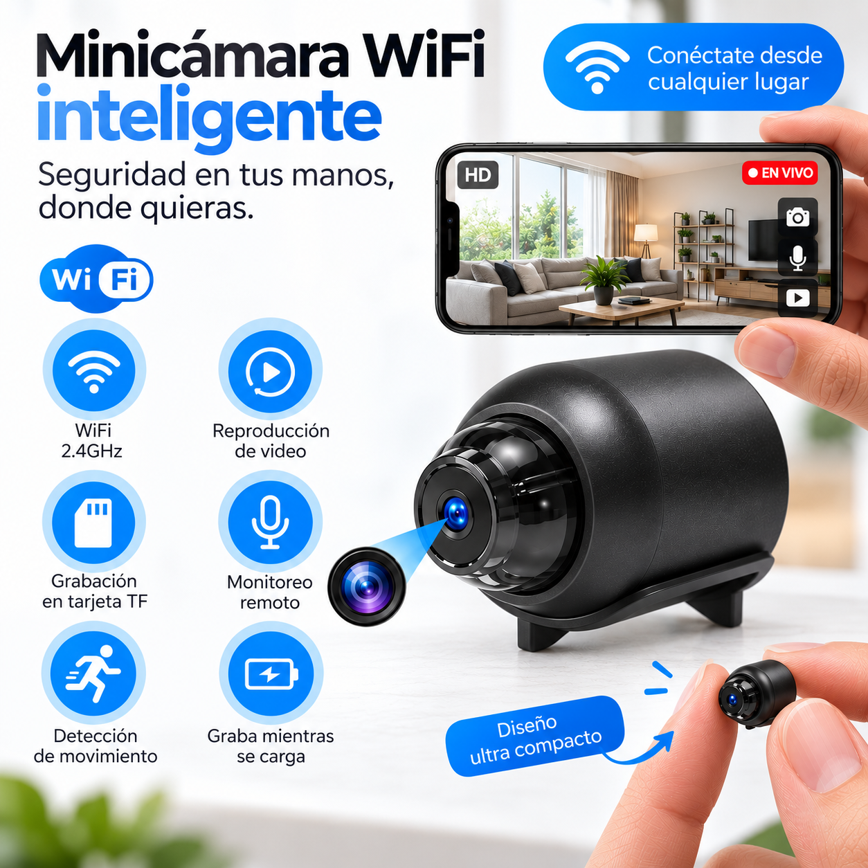 Minicámara WiFi inteligente: visión diurna y nocturna para una vigilancia discreta.