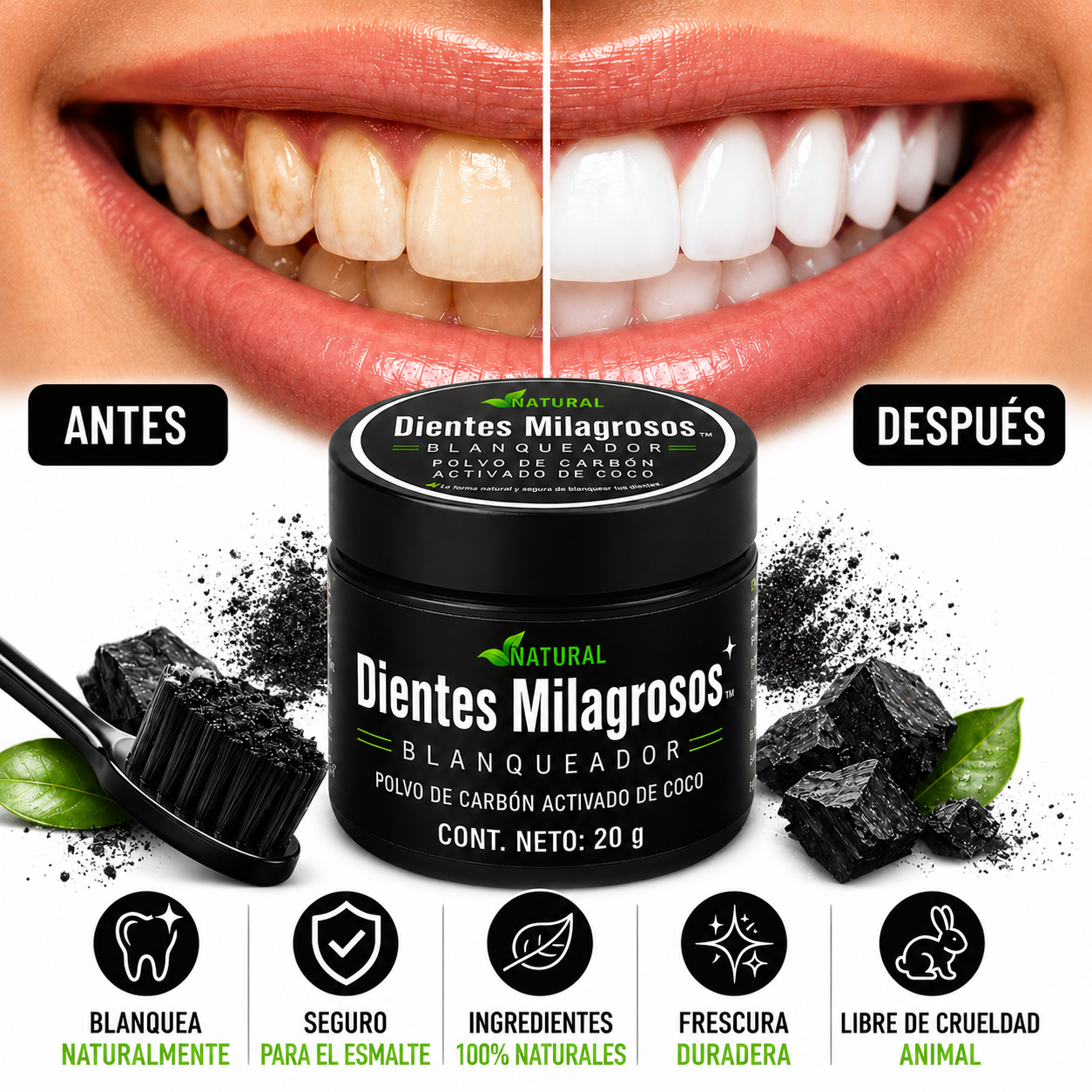 Dientes Milagrosos Blanqueador - Una sonrisa más limpia. Más confianza para vos.