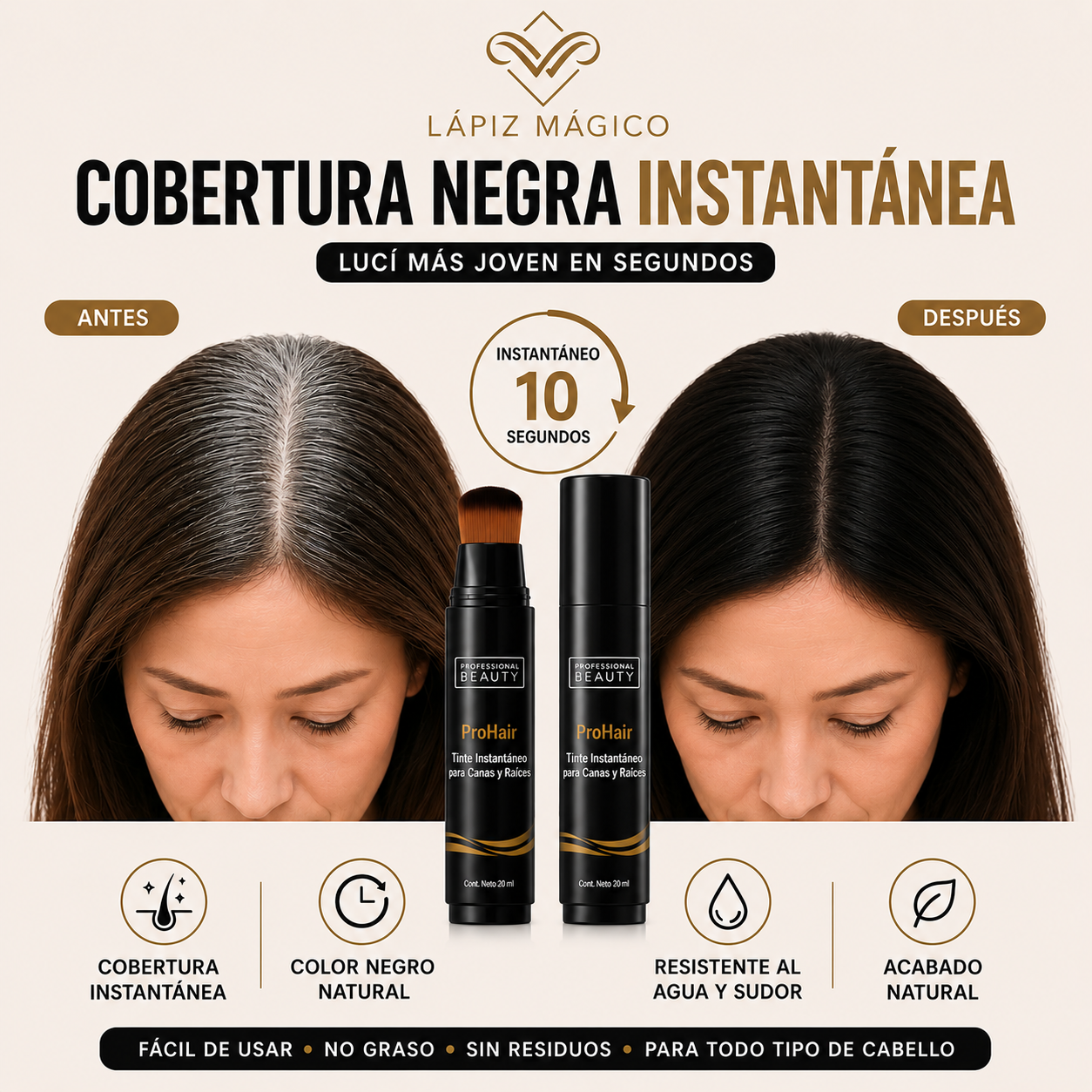 Lápiz Mágico: Cobertura Negra Instantánea en Segundos, Sin Tinte ni Manchas