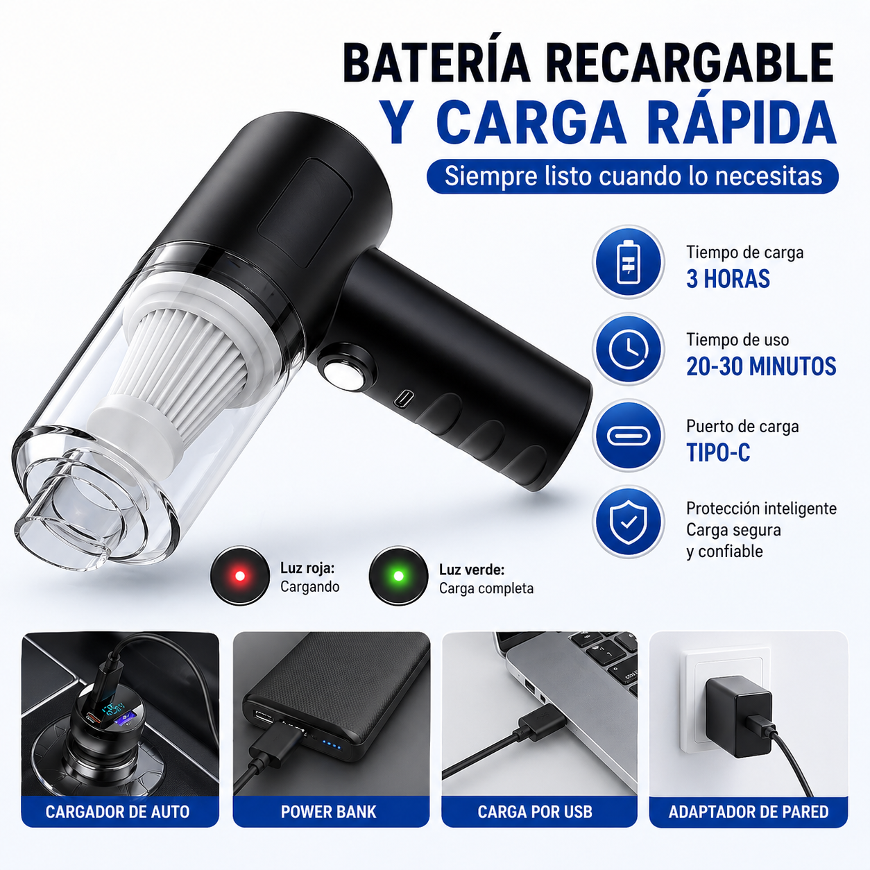 Aspiradora Mini Inalámbrica – Potente Soplador de Aire Sin Cable para Limpieza de Auto, Hogar y Teclado