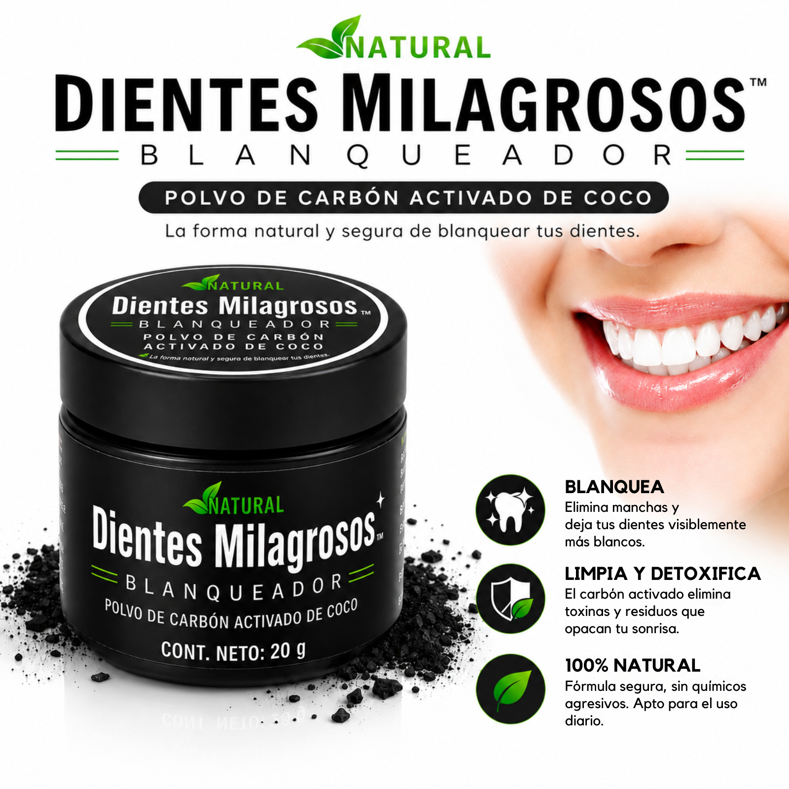 Dientes Milagrosos Blanqueador - Una sonrisa más limpia. Más confianza para vos.