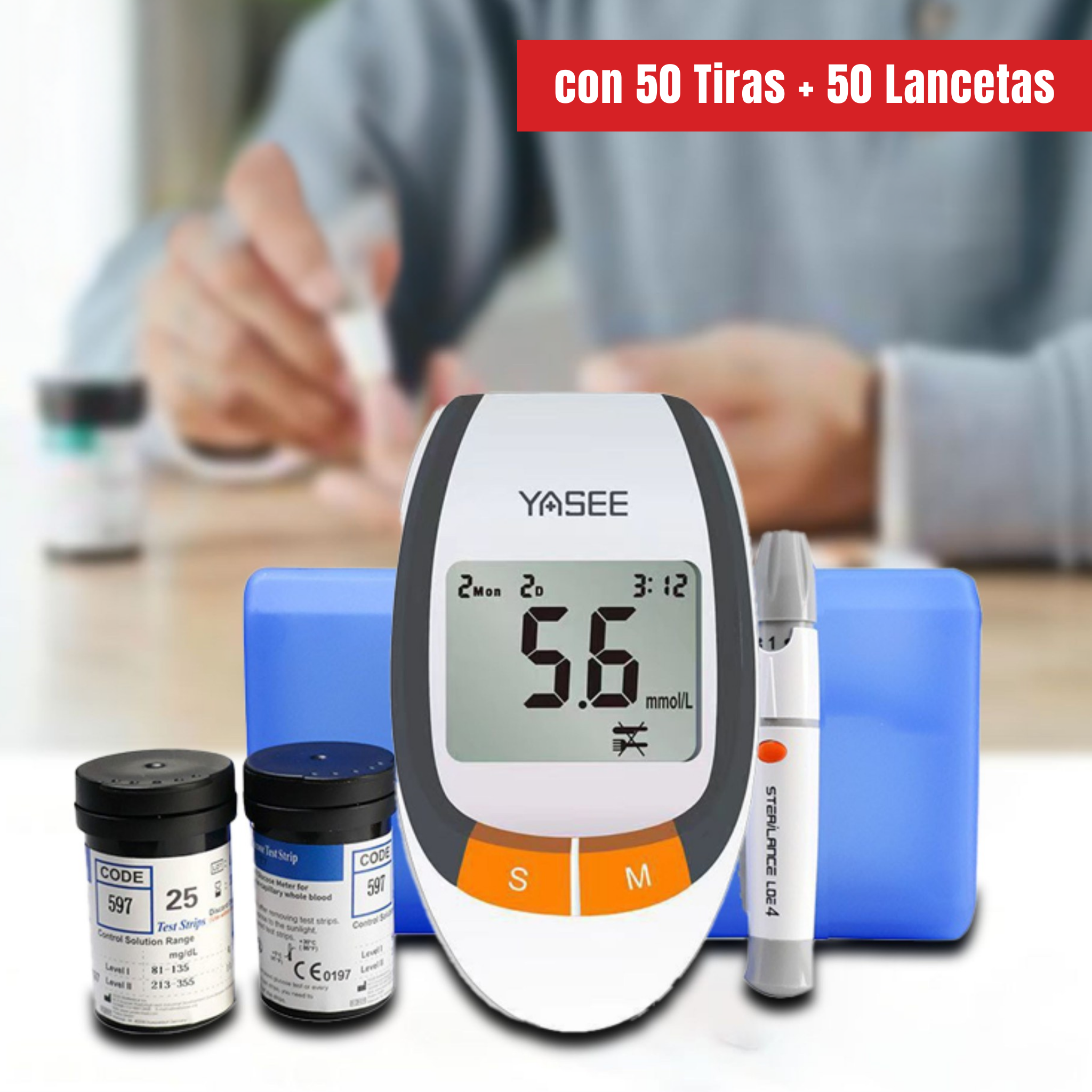 Medidor de Glucosa Completo – Kit con 50 Tiras + 50 Lancetas para Control de Azúcar en Sangre