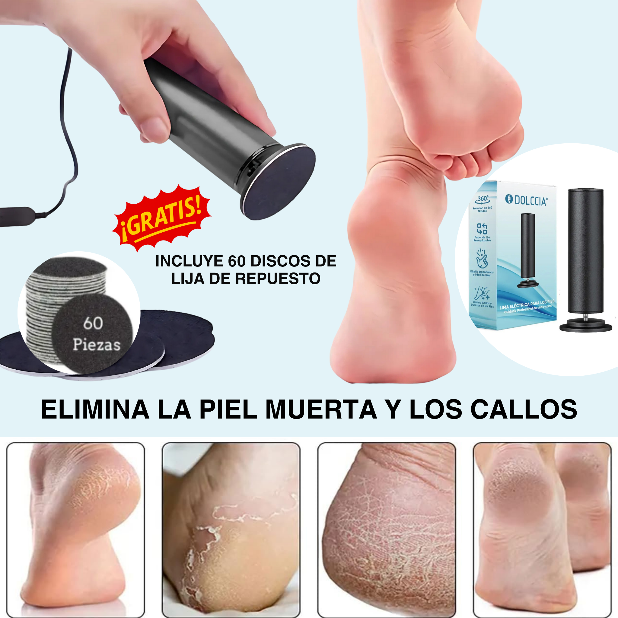 Lima Eléctrica para Pies + 60 Discos de Repuesto GRATIS – Elimina Callos y Durezas al Instante