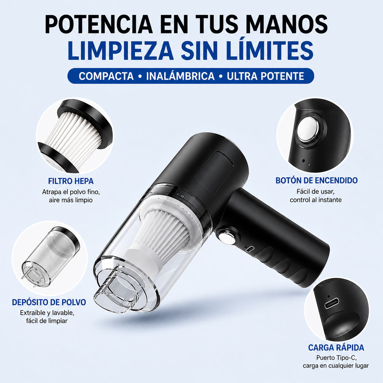 Aspiradora Mini Inalámbrica – Potente Soplador de Aire Sin Cable para Limpieza de Auto, Hogar y Teclado