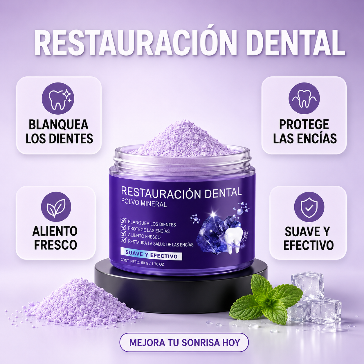 Polvo Mineral para Restauración Dental - Sonrisa más blanca y aliento fresco.