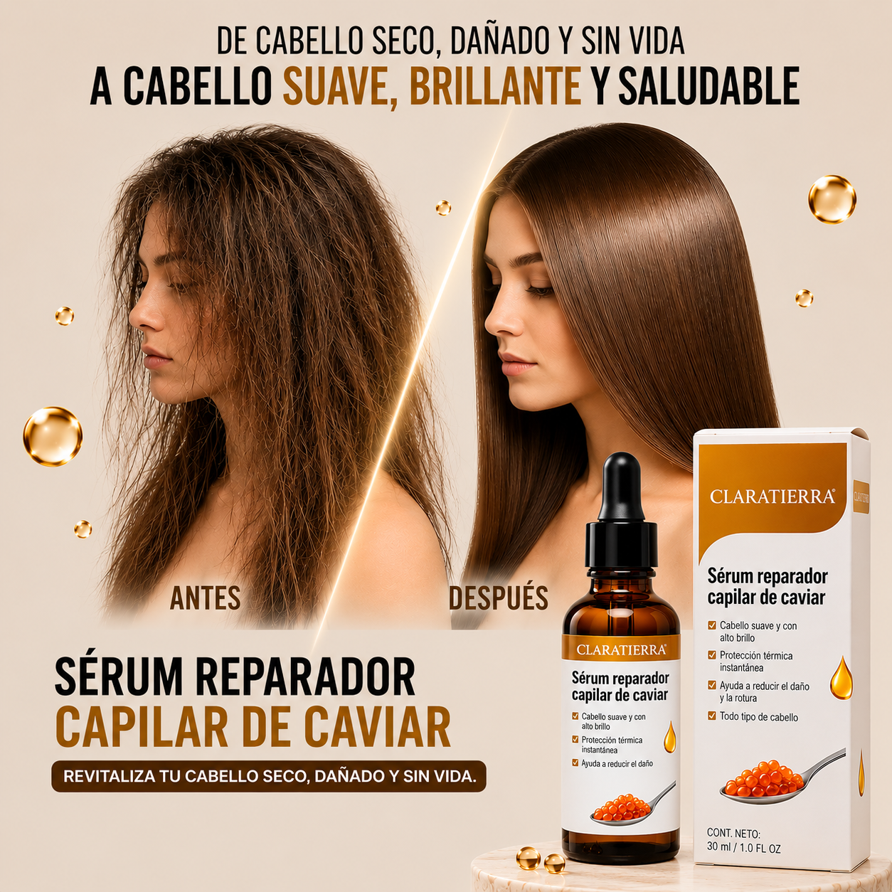 Sérum reparador capilar de caviar - revitaliza tu cabello seco, dañado y sin vida.
