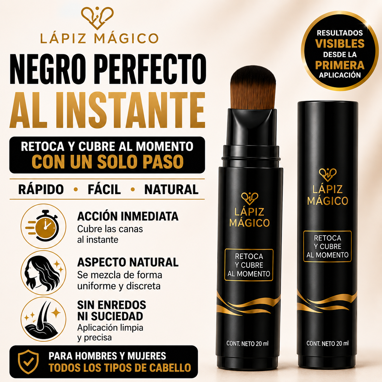 Lápiz Mágico: Cobertura Negra Instantánea en Segundos, Sin Tinte ni Manchas