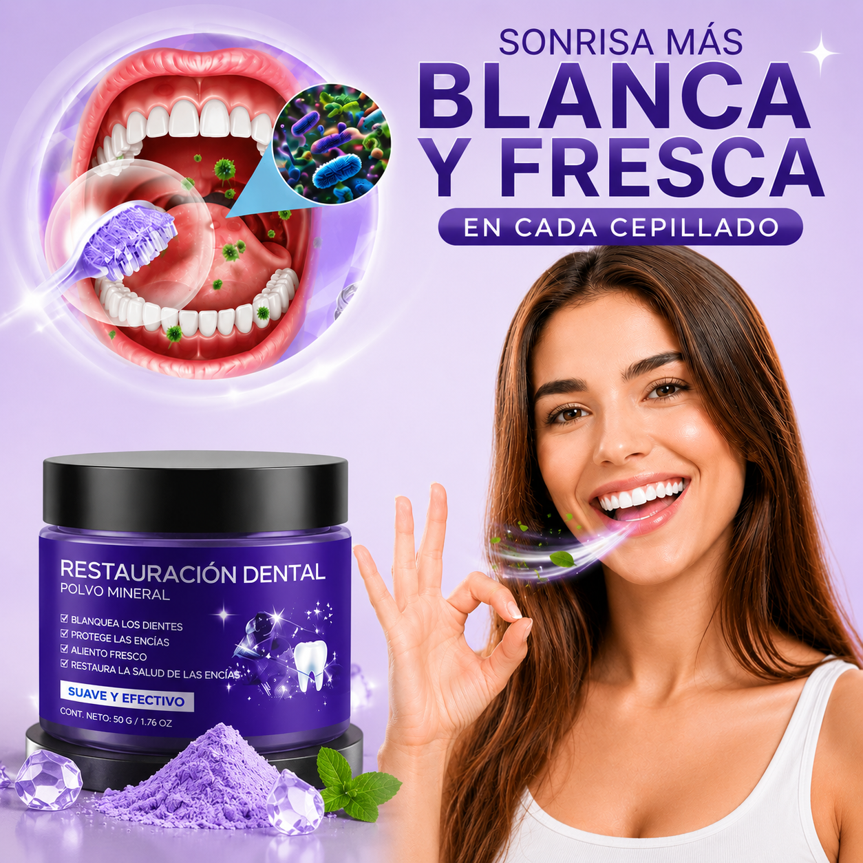 Polvo Mineral para Restauración Dental - Sonrisa más blanca y aliento fresco.