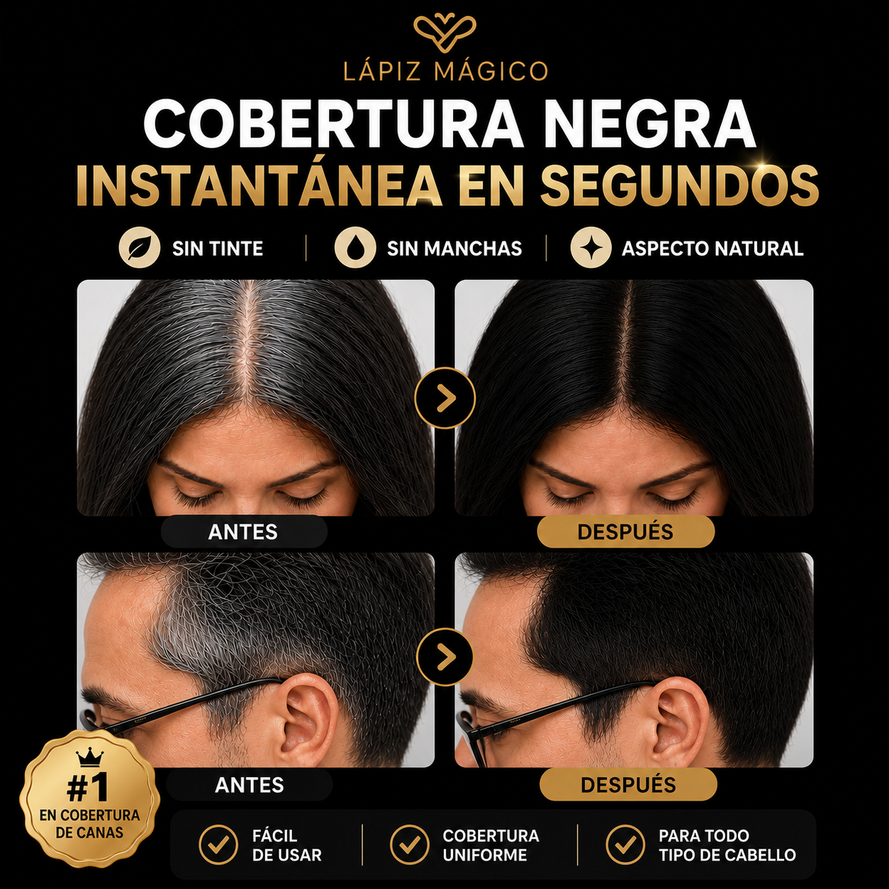 Lápiz Mágico: Cobertura Negra Instantánea en Segundos, Sin Tinte ni Manchas